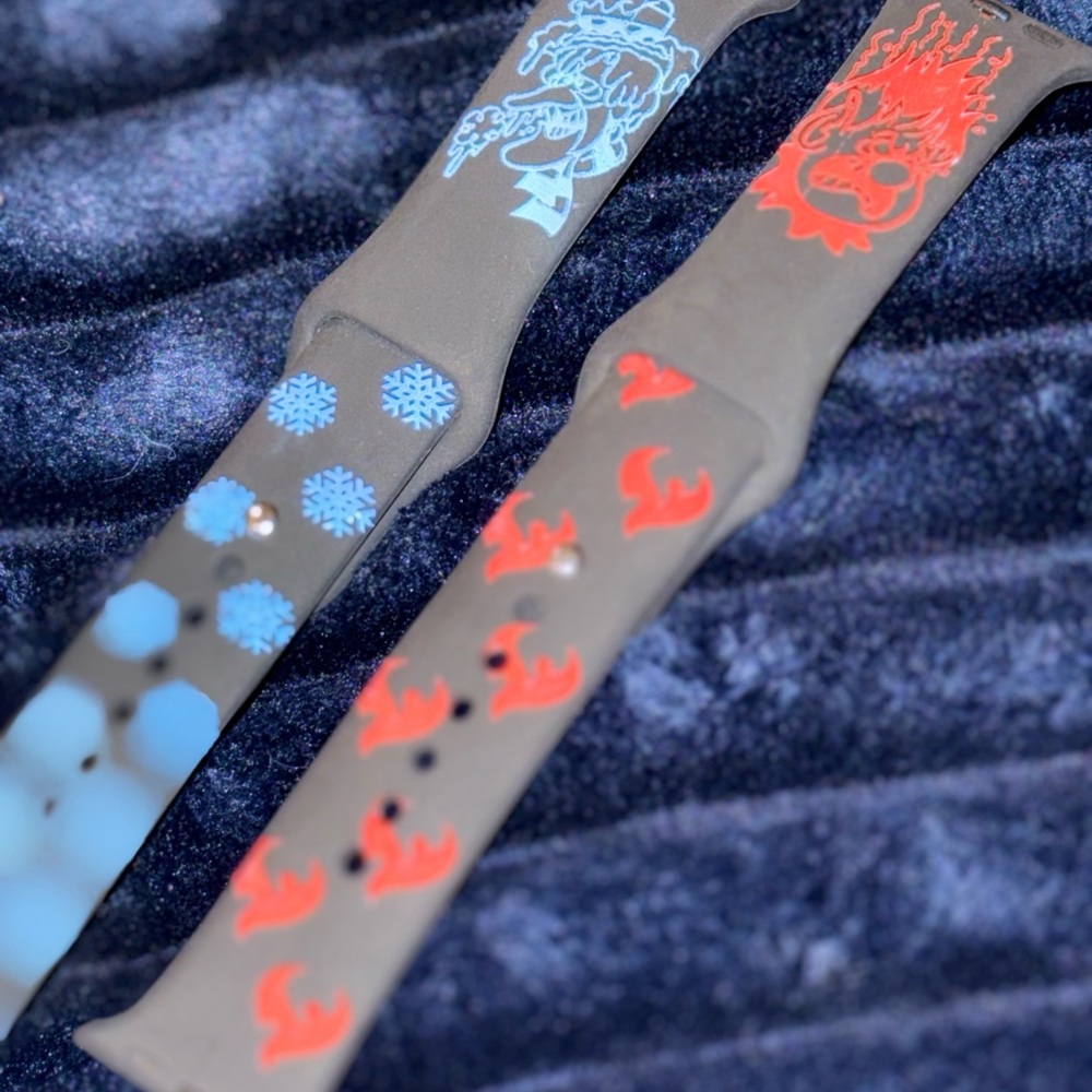 Gray and Black Watch Bands with Red and Blue Designs